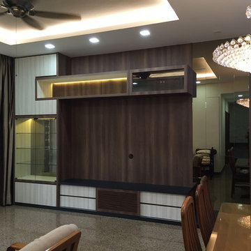 Tv console with feature wall, display cabinet and storage