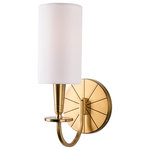 Hudson Valley Lighting - Mason, One Light Wall Sconce, Aged Brass Finish, White Faux Silk Shade - Though Mason's inspiration is rooted in history, this collection forges new territory at the crossroads of tradition and modernity. While the wheel spoke motif evokes America's frontier past, the geometric purity of the chandelier's plumb bob column and conical socket holders suggests kinship with mid-century modern design.