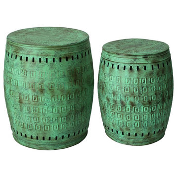 Saffron Fabs Hand Hammered 2-Piece Metal Stool, Green Verdigris