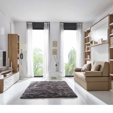 Salón con cama abatible de matrimonio y sofá.