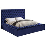Meridian Furniture - Bliss Velvet Upholstered  Bed, Navy, King - Extend elegance to the bedroom with this Bliss navy velvet bed. This bed has a rich look, with deeply tufted upholstery along its upper platform perimeter and headboard, ensuring that it is a good fit in modern bedroom themes. Storage rails and footboard are included to ensure maximum versatility, and the bed comes with full slats, so you can use it without a box spring. The navy velvet fabric used in its design makes it easy to integrate alongside other furnishings.