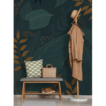Hand Drawn Floral Leaves Peel and Stick Vinyl Mural Wallpaper, Forest Gold, 24"x108"