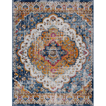 Britney Traditional Medallion Blue & Gold Rectangle Area Rug, 3'x5'