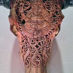 Hand Carved Skull - Water Buffalo, Ganesha Design, Tea Colored - Artwork