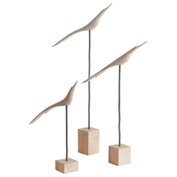 Modern Set of 3 Tall Coastal Shore Bird Sculptures Drift Wood Block Whitewashed