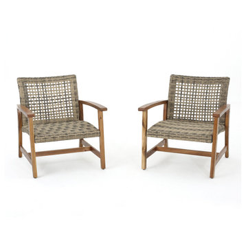 GDF Studio Savannah Outdoor Acacia Wood Frame Wicker Club Chairs, Set of 2