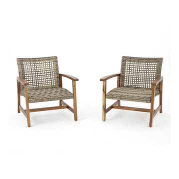 GDF Studio Savannah Outdoor Acacia Wood Frame Wicker Club Chairs, Set of 2