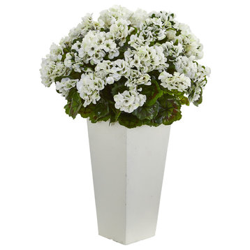 27" Geranium Artificial Plant, White Planter UV Resistant, Indoor/Outdoor