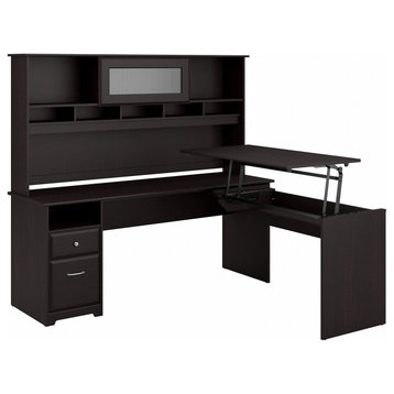 Cabot 3 Position L Shaped Sit to Stand Desk With Hutch, Espresso Oak