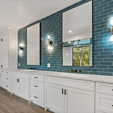 Incredible Blue & White Bath With Wall Bench & Steam Shower