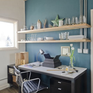 Design ideas for a contemporary home office in Other with blue walls, plywood floors and a freestanding desk.