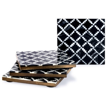 Moroccan Tile 4 pieces Black and White Coaster Set in Box