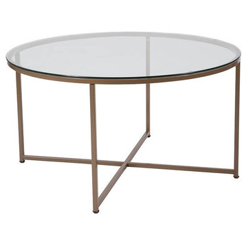 Greenwich Collection Glass Coffee Table With Matte Gold Frame, Clear/Matte Gold