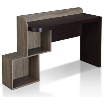 Modern Desk, Unique Design With Large Worktop & 2 Open Cubbies, Walnut Brown