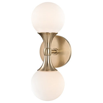 Astoria, 2-Light Wall Sconce, Aged Brass Finish, Opal Etched Glass Shade