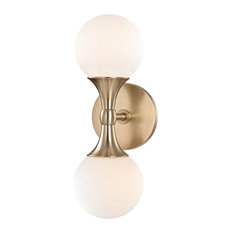 Astoria, 2-Light Wall Sconce, Aged Brass Finish, Opal Etched Glass Shade