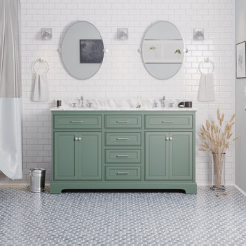Aria 60" Bathroom Vanity, Sage Green, Carrara Marble, Double Vanity