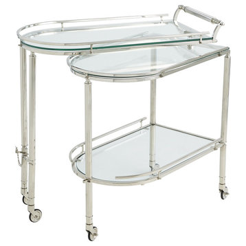 Folding Tiered Bar Serving Cart Table Silver Nickel Metal Contemporary 3 Shelf
