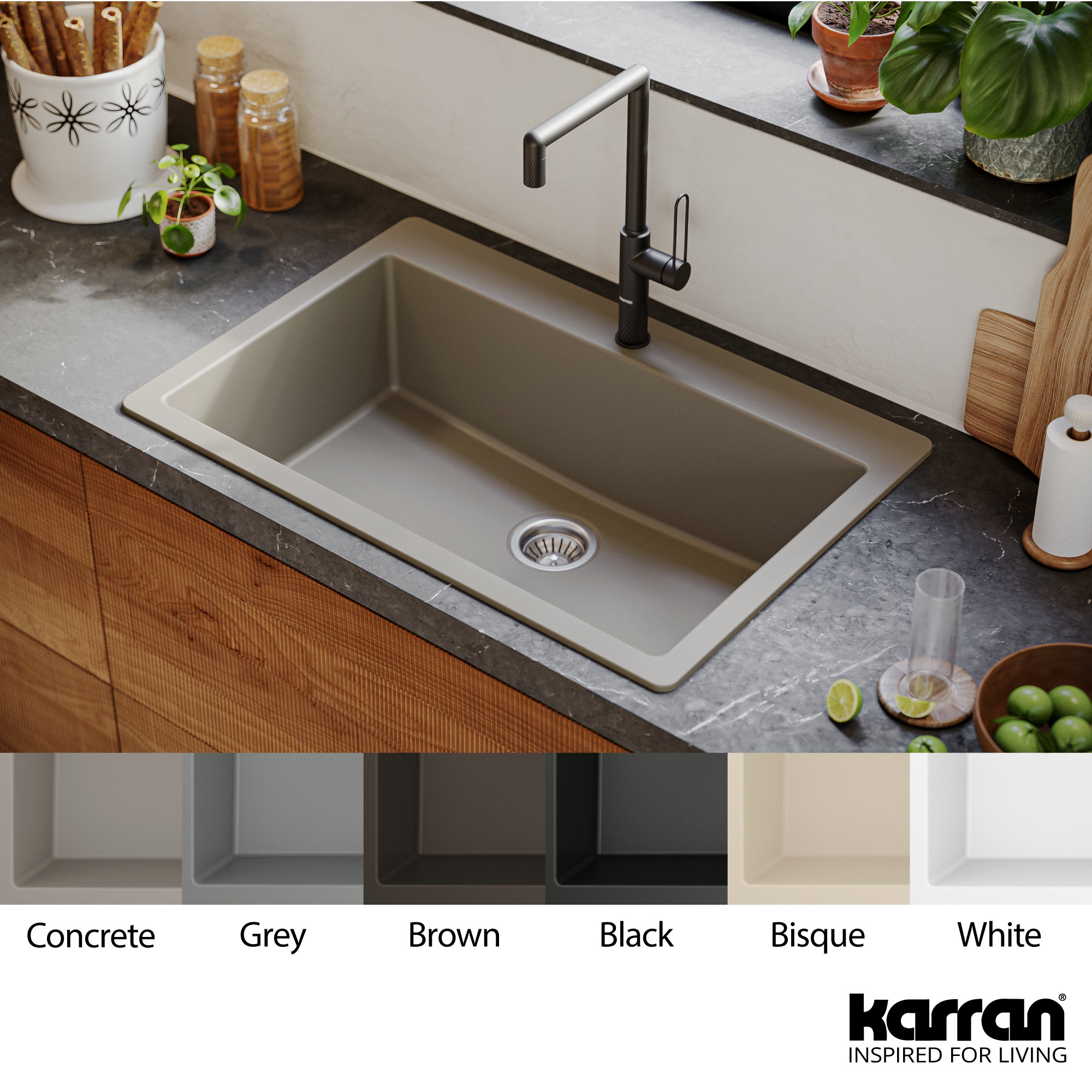 Karran QT-812 Top Mount 33" Large Single Bowl Quartz Kitchen Sink, Concrete