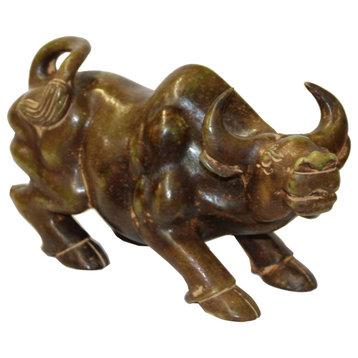 Chinese Green Brown Mix Stone Carved Ox Cow Display Figure Hcs5635