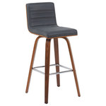 Armen Living - Vienna Swivel Bar Height Stool With Vintage Black and Walnut - Elevate your kitchen, bar, or dining area with the Vienna Swivel Stool Collection ' a modern essential that combines mid-century charm with functional comfort. Designed for daily use and entertaining alike, Vienna's 360-degree swivel and armless frame provide effortless movement and easy conversation flow. The gently curved backrest supports posture alignment while keeping the profile sleek and space-saving. The Vienna stool is built on a strong wood frame with four splayed legs and a square steel footrest for added durability and a clean, modern edge. The seat and backrest are generously padded with high-density foam and finished in your choice of smooth vegan leather or performance fabric for elevated comfort and easy maintenance. Originally offered in a walnut finish with cream, brown, or gray vegan leather, and a black brushed finish with gray vegan leather, the collection now features even more design-forward combinations. Explore updated variants including snow white vegan leather with walnut, black brushed, or patterned oak finishes; vintage-inspired blue, green, and black tones paired with walnut finish frames; and bold red or soft gray performance fabrics on brushed or patterned wood finishes. Available in both counter height and bar height, Vienna offers a versatile range of styles to suit your space. With its timeless look and enduring quality, this collection brings warmth, elegance, and comfort to any interior.