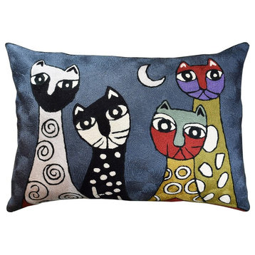 Lumbar Picasso Dark Gray Cats Accent Pillow Cover Hand Embroidered Wool 14x20"