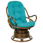 OSP Home Furnishings - Kauai Rattan Swivel Rocker Chair, Blue Fabric and Brown Frame - Kick back and relax with our Kauai Rattan Swivel Rocker. This woven rattan rocker will turn up the wow factor in any room. A great seating option for watching movies, gaming or just kicking back and taking it easy. Plush poly-fill cushion with channel pocket stitching, in 100% Polyester, creates billowing comfort. Simply tie cushion onto solid rattan and woven frame. Smooth ball bearing swivel action and relaxing rocking motion will ease away the day's stresses while adding natural Boho style to your home. Simply untie the ample removable cushion and shake out to fluff up for years of sublime, cozy comfort.