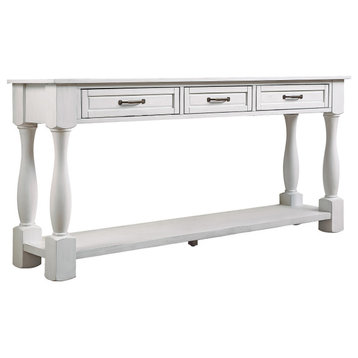 63" Farmhouse Style Wood Console Table with Three Drawers, Antique White