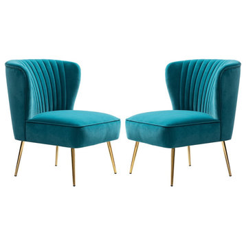 Set of 2 Accent Chair, Angled Legs With Velvet Seat & Channeled Back, Blue