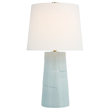 Braque Medium Debossed Table Lamp in Ice Blue Porcelain with Linen Shade