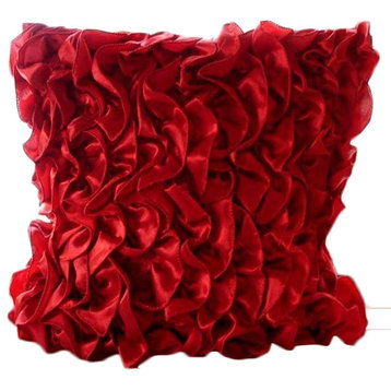 Red Satin 26"x26" Vintage Style Ruffles Euro Pillow Shams, Vintage Reds