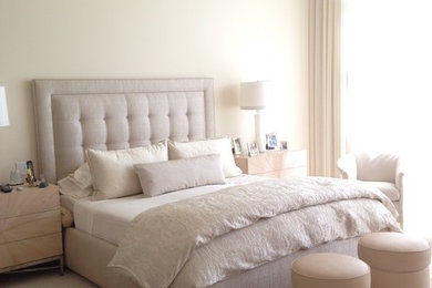 Large cottage chic master carpeted and beige floor bedroom photo in San Diego with beige walls and no fireplace