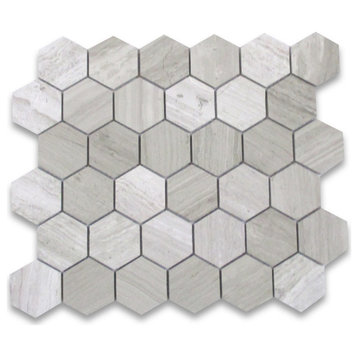 2" Hexagon Athens Silver Cream Haisa Marble Wooden Beige Tile Polished, 1 sheet
