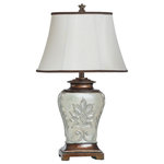 StyleCraft Home Collection - Magonia Table Lamp With Golden Accents and Round Bell Trimmed Shade - Magonia Table Lamp - Cream, Off-White With Antique Gold Accent Finish - Off-White with Brown Trim - Tapered Oval Softback Shade