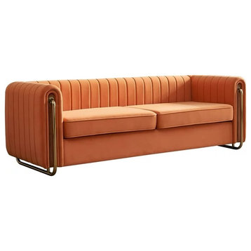 Modern Sofa, Rich Velvet Seat With Rounded Channel Tufted Tuxedo Arms, Orange
