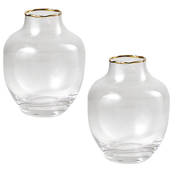 Serene Spaces Living Set of 2 Gold Rimmed Belly Bud Vase, 3.5" Dia & 5" Tall