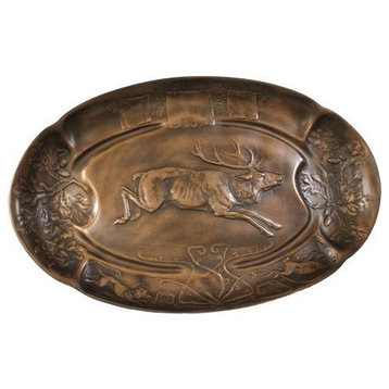 Tray Leaping Stag Deer Relief Rustic Oval Hand-Cast Brown OK C