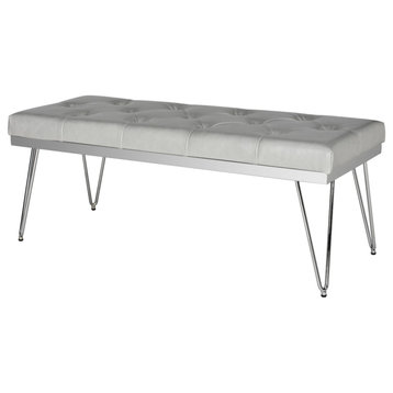 Modern Accent Bench, Hairpin Legs With Diamond Button Tufted Seat, Gray/Chrome