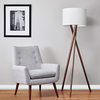 Contemporary Floor Lamp, Walnut Wood Tripod Legs With Drum Shaped Shade