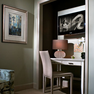 Design ideas for a small modern home office and library in Atlanta with a reading nook, green walls, carpet, no fireplace and a freestanding desk.