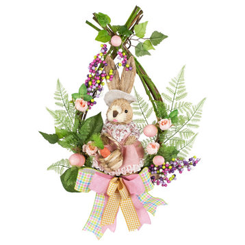 Flower Bunny Moss Vines Teardrop Easter Wreath, 22", Pink, Unlit