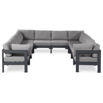 Meridian Furniture - Nizuc Water Resistant Patio U-Shaped Modular Sectional, Gray, 10-Piece: 6 Armless Chair, 4 Corner Chair, Dark Gray Aluminum Frame - Pick and choose your favorites from the Nizuc collection to create a modular seating group the whole gang will enjoy. The sturdy aluminum frame provides dependable support for friends and family as they relax and unwind, and the resilient grey water resistant fabric stands up to the elements without losing its beautiful demeanor, so you can count on it lasting for the long haul. Latches beneath these seating pieces help you easily attach them to one another for convenient setup.