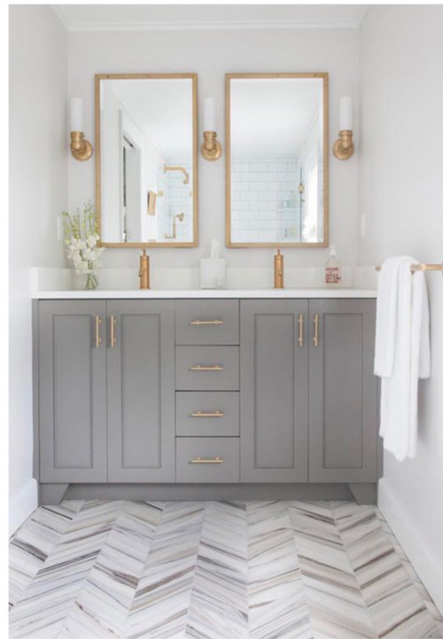 grey bathroom vanity, what color white for walls?