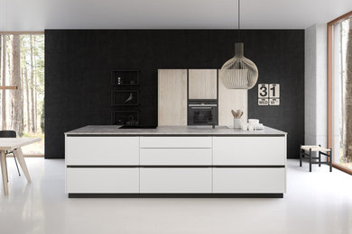 Scandinavian kitchen in Copenhagen with flat-panel cabinets, white cabinets and with island.