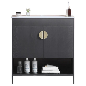 Plywood Freestanding Bath Vanity Set, Integrated Ceramic Sink, Black, 30" X 18"