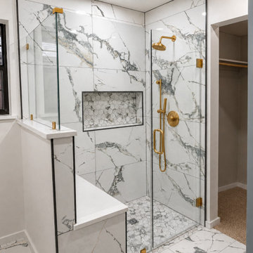 Transitional Bathroom with Marble-Look Walk-In Shower