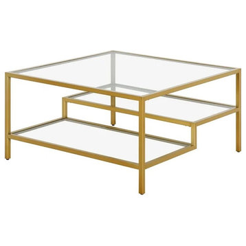 Unique Coffee Table, Square Glass Top and Staggered Open Shelving, Brass