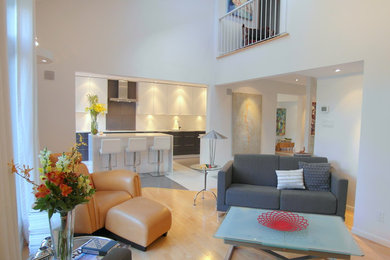 Living room - mid-sized modern loft-style medium tone wood floor living room idea in Ottawa with white walls and a corner fireplace