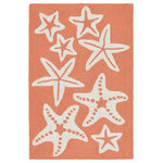 Liora Manne - Capri Starfish Indoor/Outdoor Rug, Coral, 2'x3' - This hand-hooked area rug features a bright coral orange background accented with stylized starfish outlined in white. Simple, tropical and fun, this design will effortlessly compliment any space inside or outside your home. Made in China from a polyester acrylic blend, the Capri Collection is hand tufted to create bright multi-toned detailed designs with a high-quality finish. The material is flatwoven, weather resistant and treated for added fade resistant making this the perfect rug for indoor or outdoor placement. This soft, durable piece is ideal for your patio, sunroom and those high traffic areas such as your entryway, kitchen, dining room and living room. A fresh take on nautical style, these area rugs range in style from coastal to tropical motifs that beautifully accent your home decor. Limiting exposure to rain, moisture and direct sun will prolong rug life.
