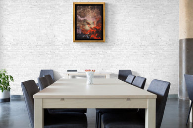 Inspiration for a mid-sized timeless slate floor, black floor and brick wall dining room remodel in DC Metro with white walls